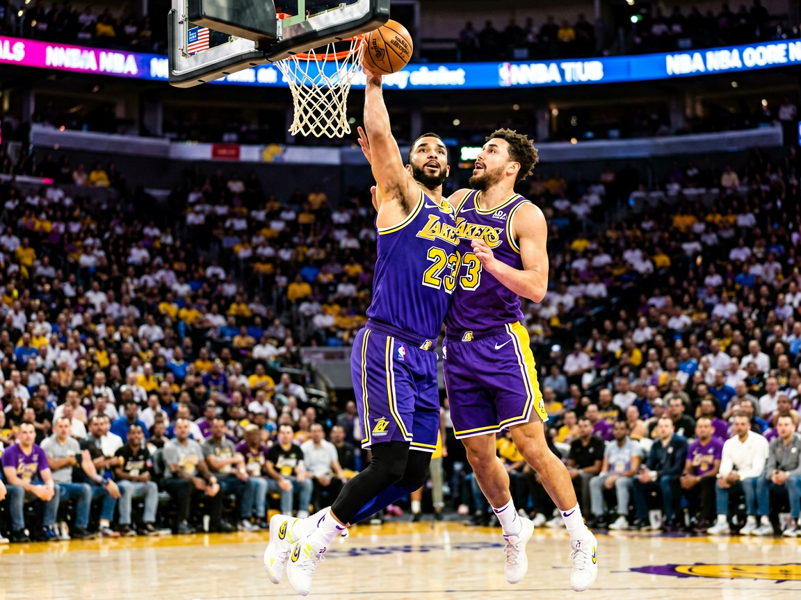 NBA季后赛激烈对抗场景，球员突破上篮的精彩瞬间